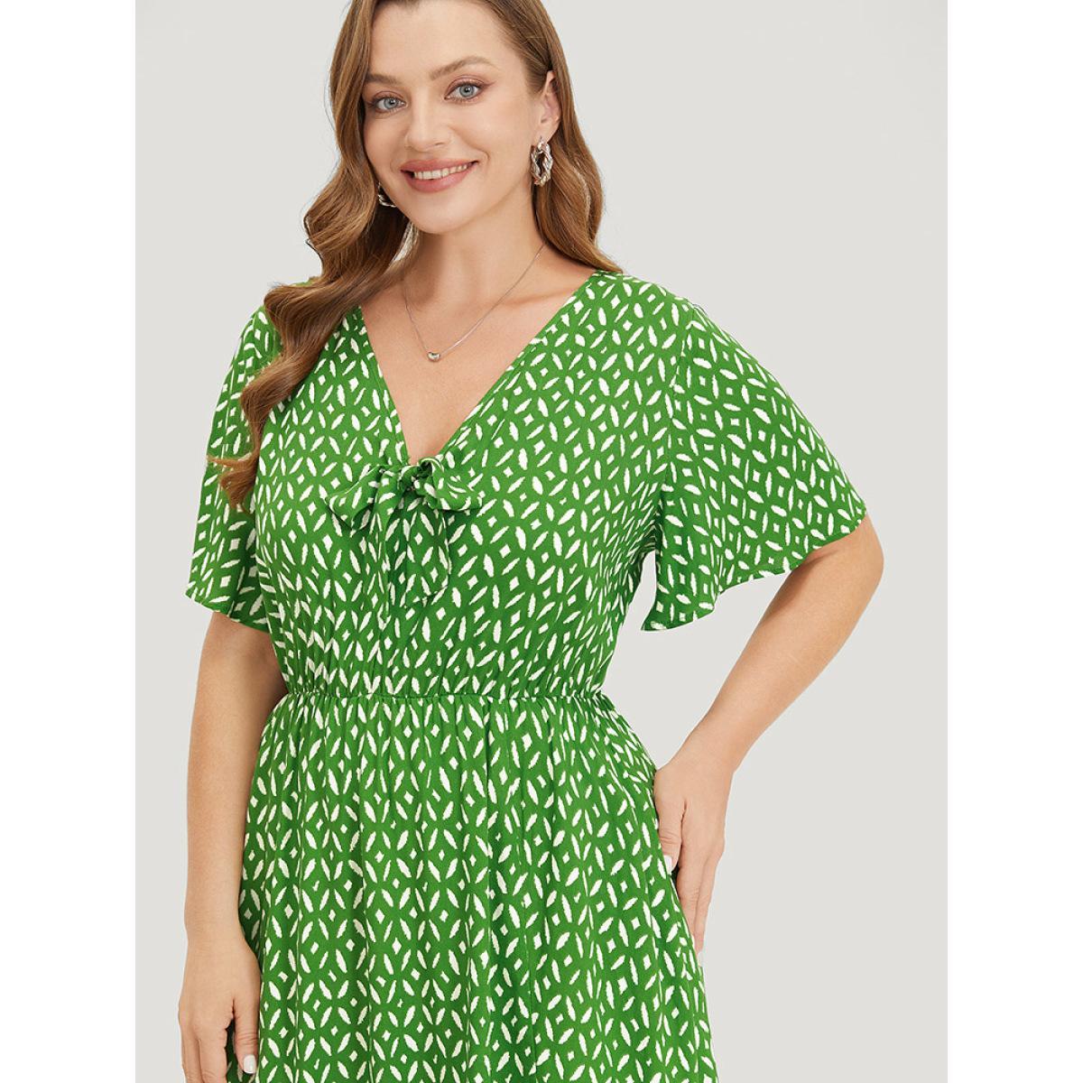 Plus Size Geometric Print Split Knot Reffles Elastic Waist Dress Green Women Elegant Knotted V-neck Short sleeve Curvy Midi Dress BloomChic 28/5X Product Image