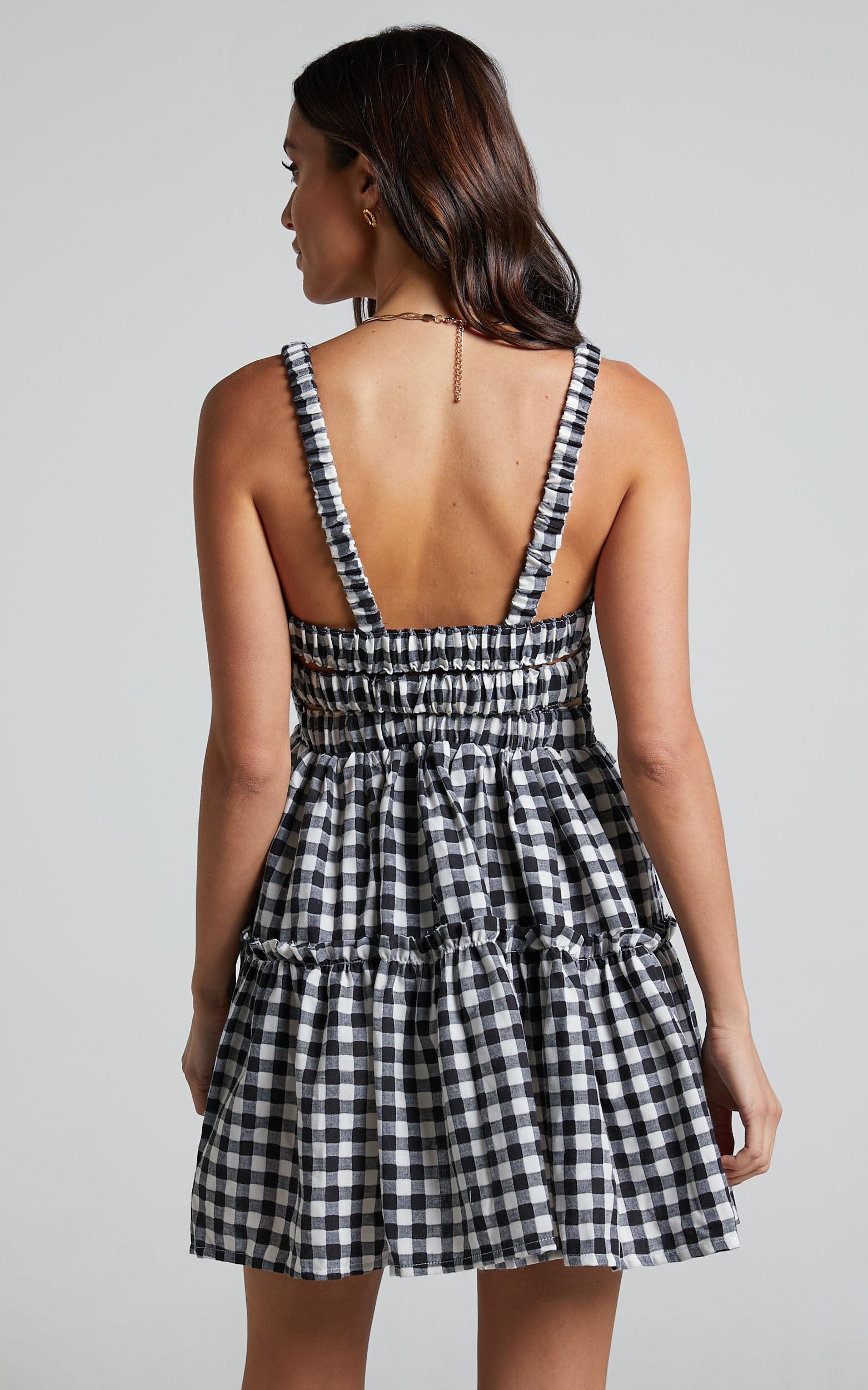 Wilda Mini Dress - Shirred Tiered Dress in Black and White Check Product Image