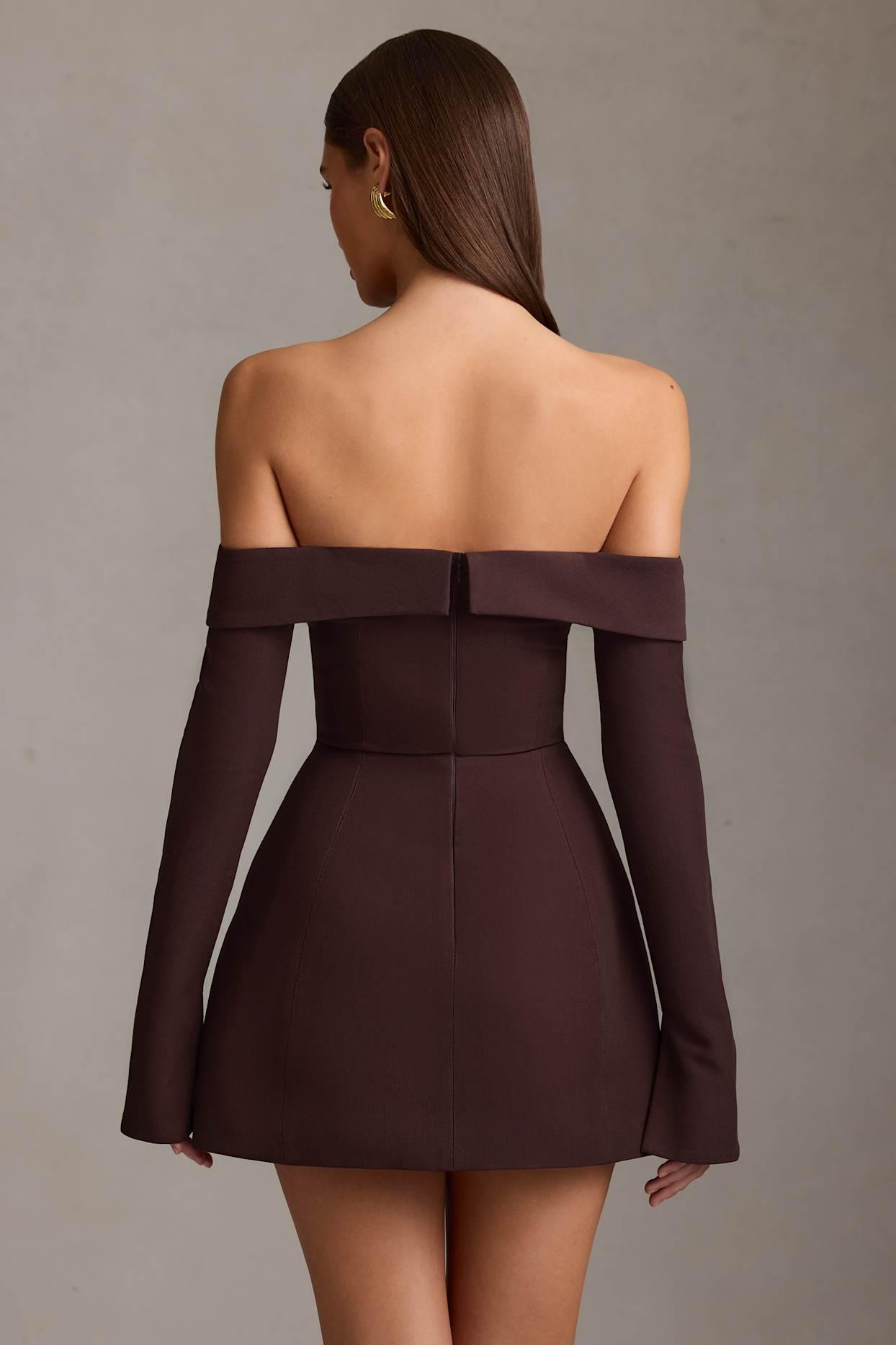 Off-Shoulder Structured A-Line Mini Dress in Chocolate Brown Product Image