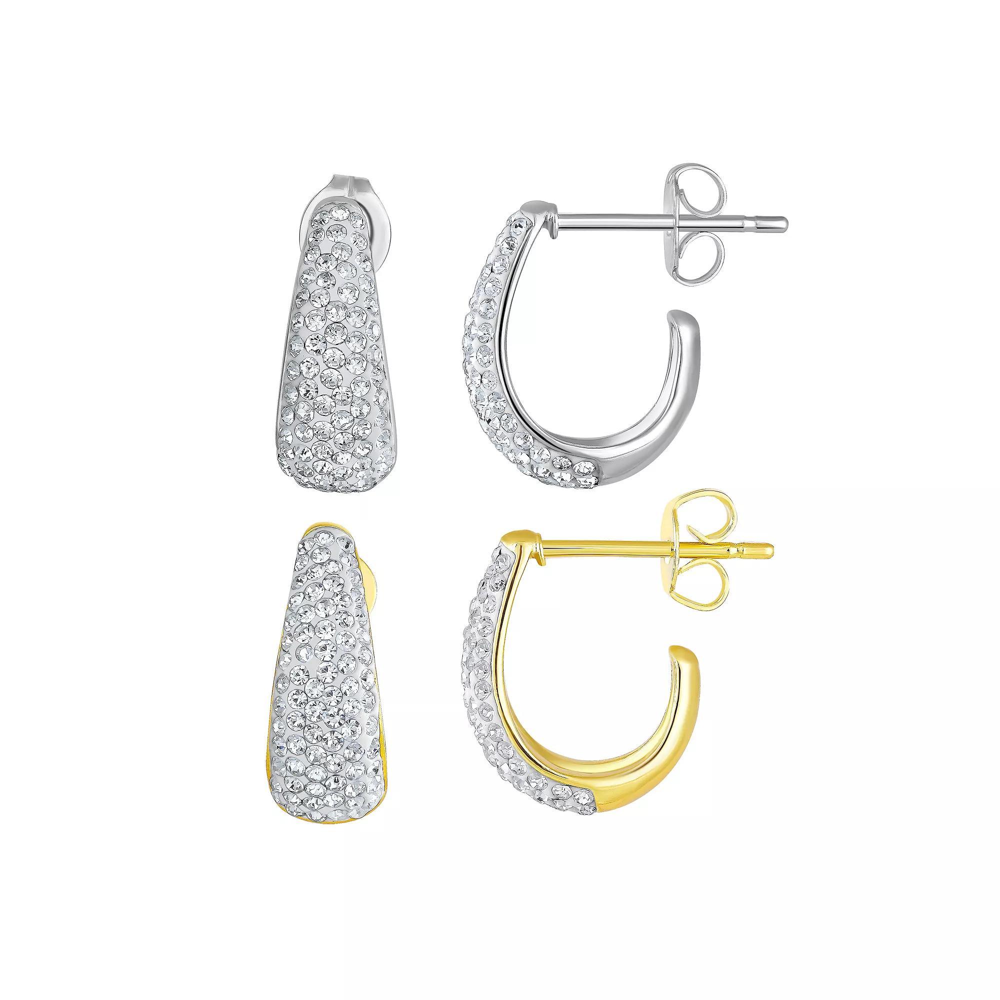 Two Tone Sterling Silver Crystal C-Hoop Earring Set, Women's Product Image