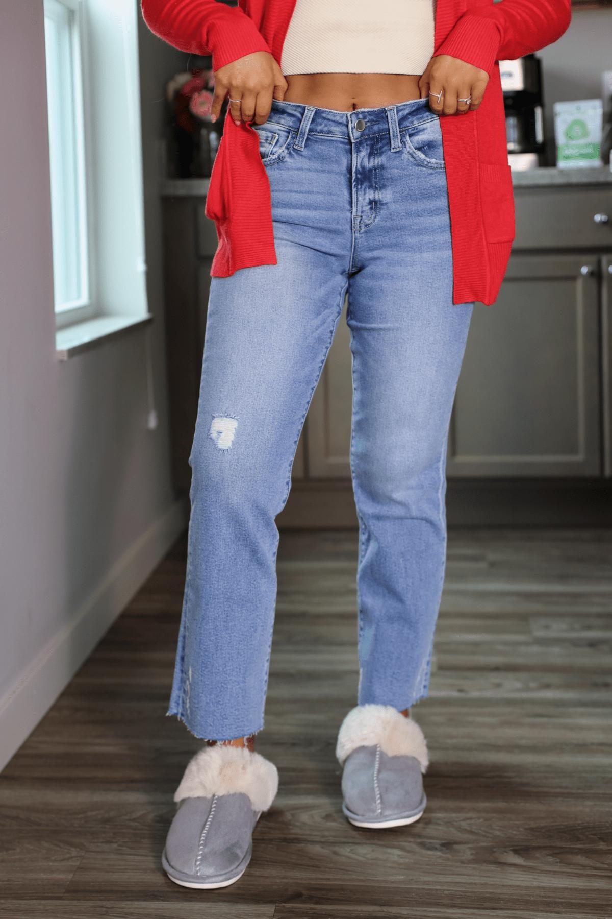 Light Wash Distressed Raw Hem Straight Leg Jeans - FINAL SALE Product Image