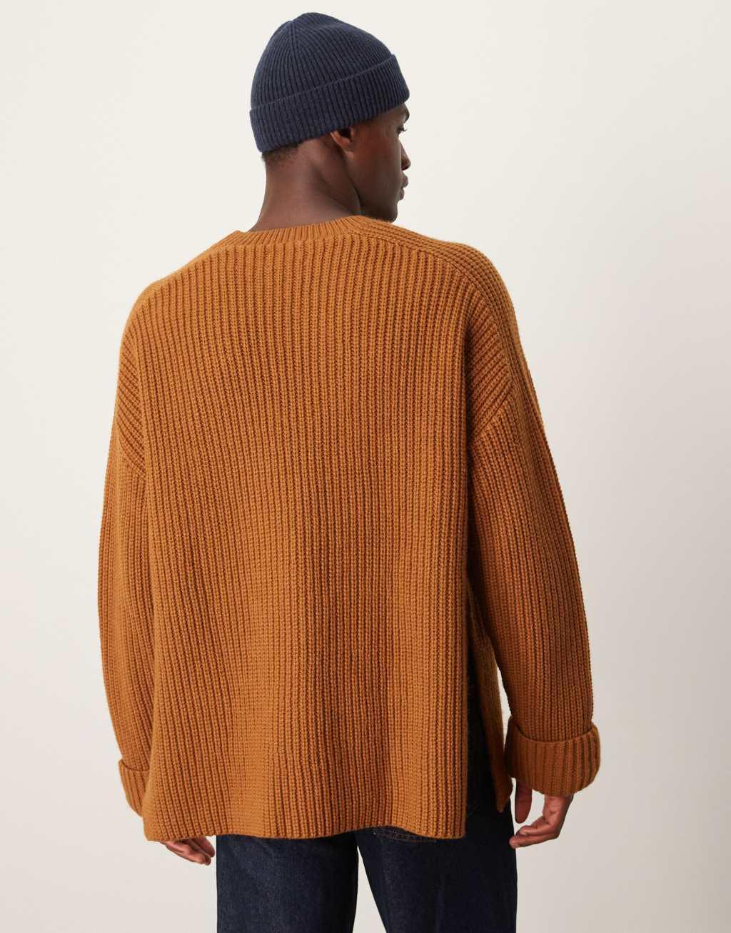 ASOS DESIGN oversized wool mix heavyweight ribbed sweater in tan Product Image