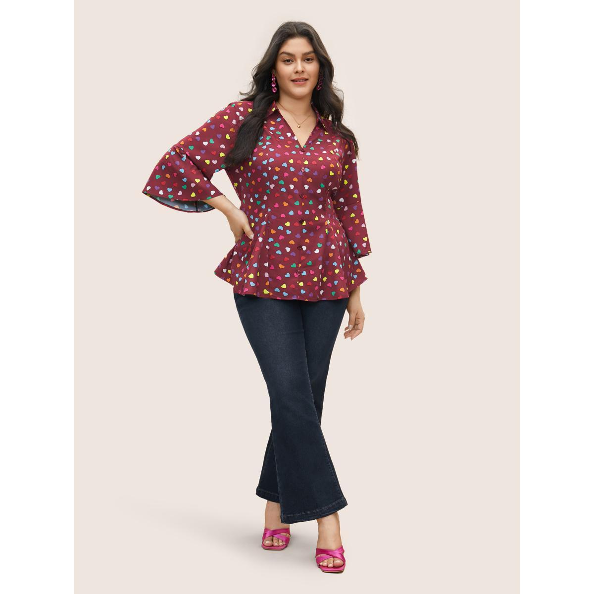Plus Size Scarlet Colour Heart Print Bell Sleeve Blouse Women Elegant Elbow-length sleeve Shirt collar Everyday Blouses BloomChic 12/L Product Image