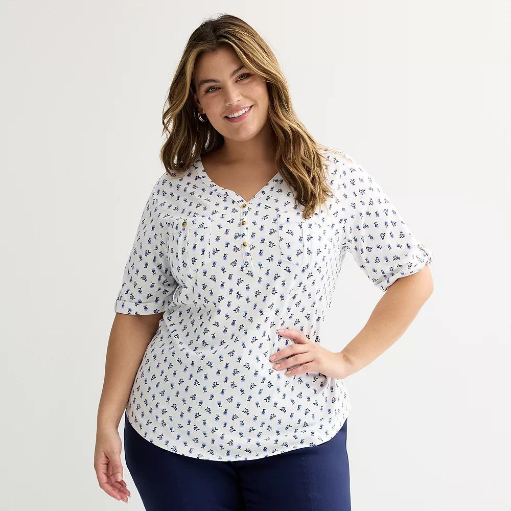 Plus Croft & Barrow Elbow Sleeve Utility Henley Top, Womens Product Image