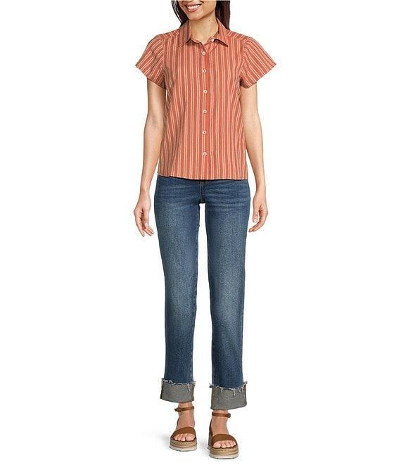 Aventura Aubrey Stripe Print Woven Spread Collar Cap Sleeves Button Front Top Product Image