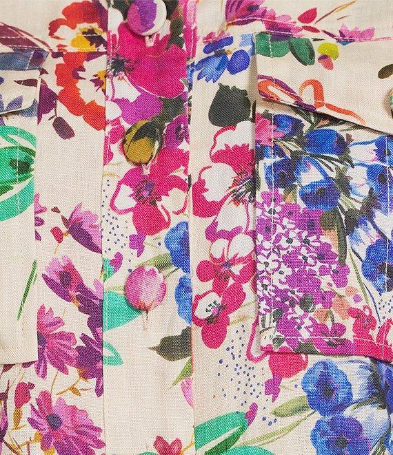 JOHNNY WAS Mixed Floral Printed Linen Point Collar 3/4 Sleeve Peplum Hem Jacket Product Image