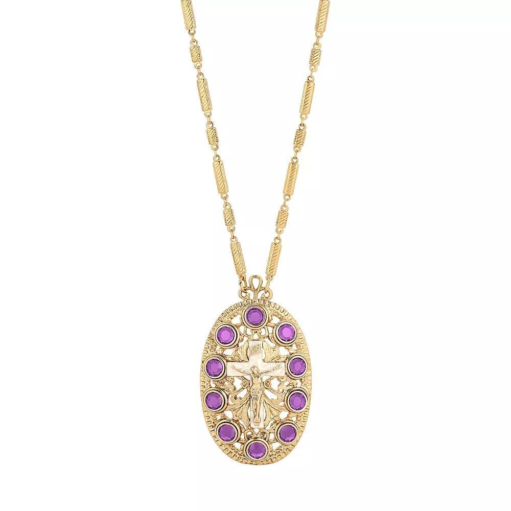 1928 Gold Tone Oval Cross Crystal Accent Necklace, Womens Blue Product Image