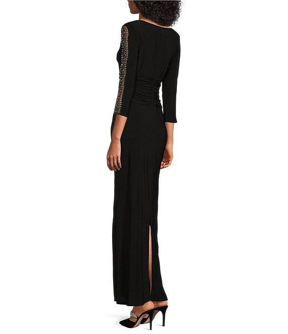 Ignite Evenings Embellished 3/4 Sleeve Ruched Bodice Boat Neck Column Gown Product Image