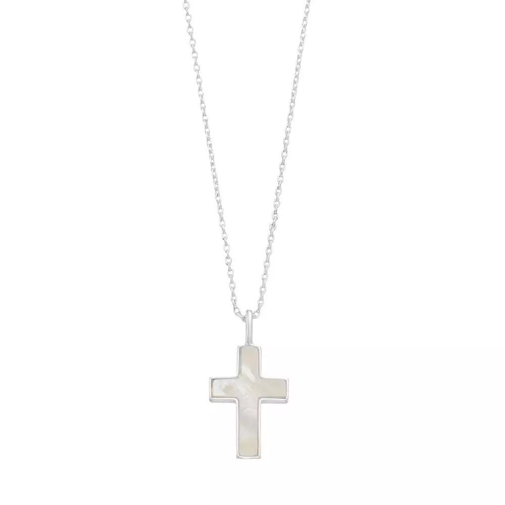City Luxe Fine Silver Plated Mother-of-Pearl Cross Pendant Necklace, Women's, Silver Tone Product Image
