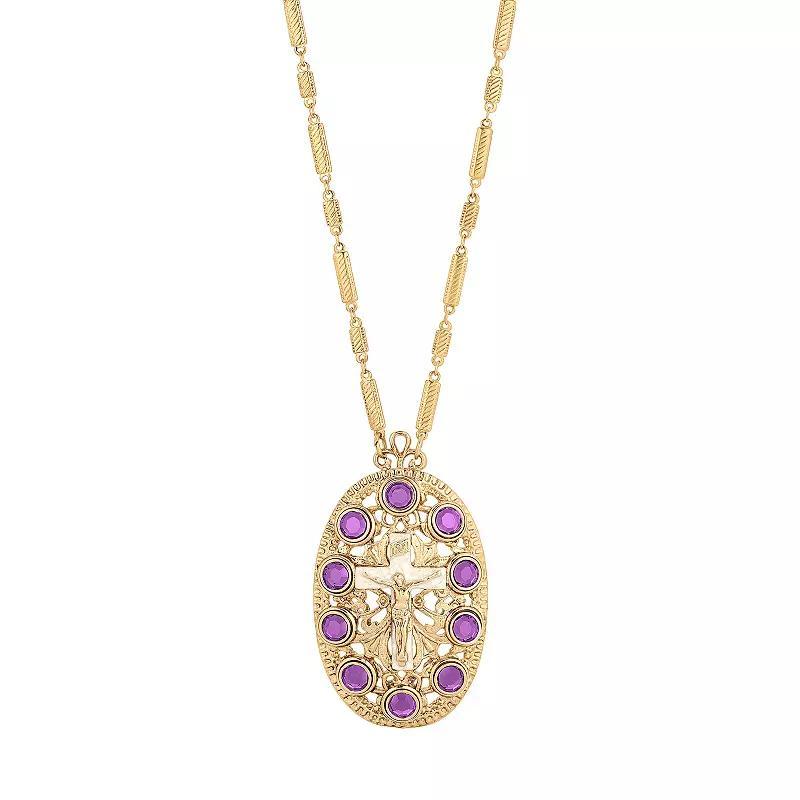 1928 Gold Tone Oval Cross Crystal Accent Necklace, Womens Blue Product Image