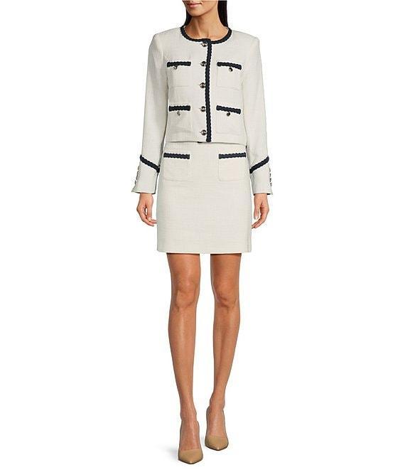 KARL LAGERFELD PARIS Tweed Round Neck Long Sleeve Braided Denim Detail Jacket Product Image