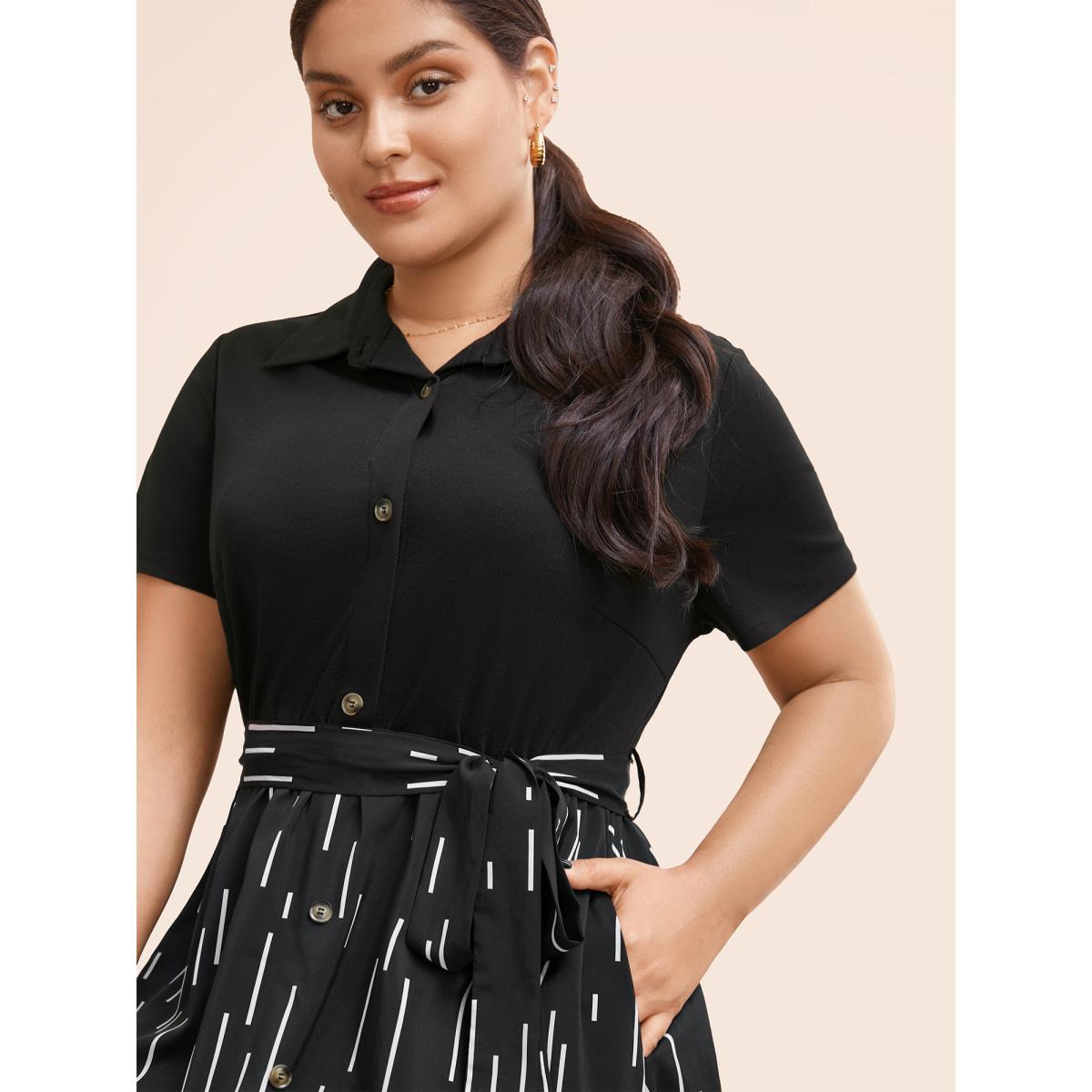 Plus Size Striped Patchwork Button Detail Belted Dress Black Women Workwear Essentials Belted Shirt collar Short sleeve Curvy BloomChic 10/M Product Image