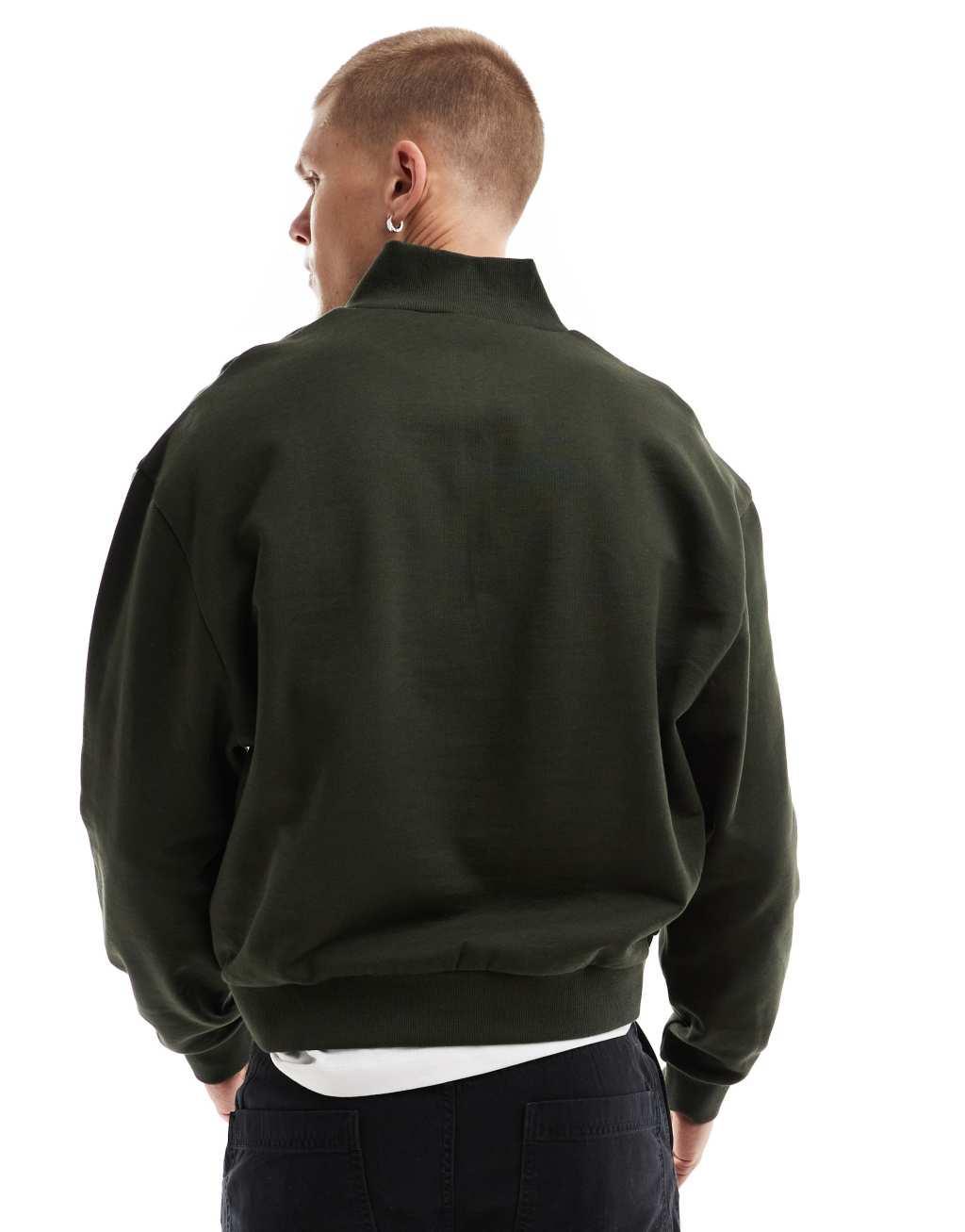 ASOS DESIGN essential boxy oversized sweatshirt with quarter zip in dark green Product Image