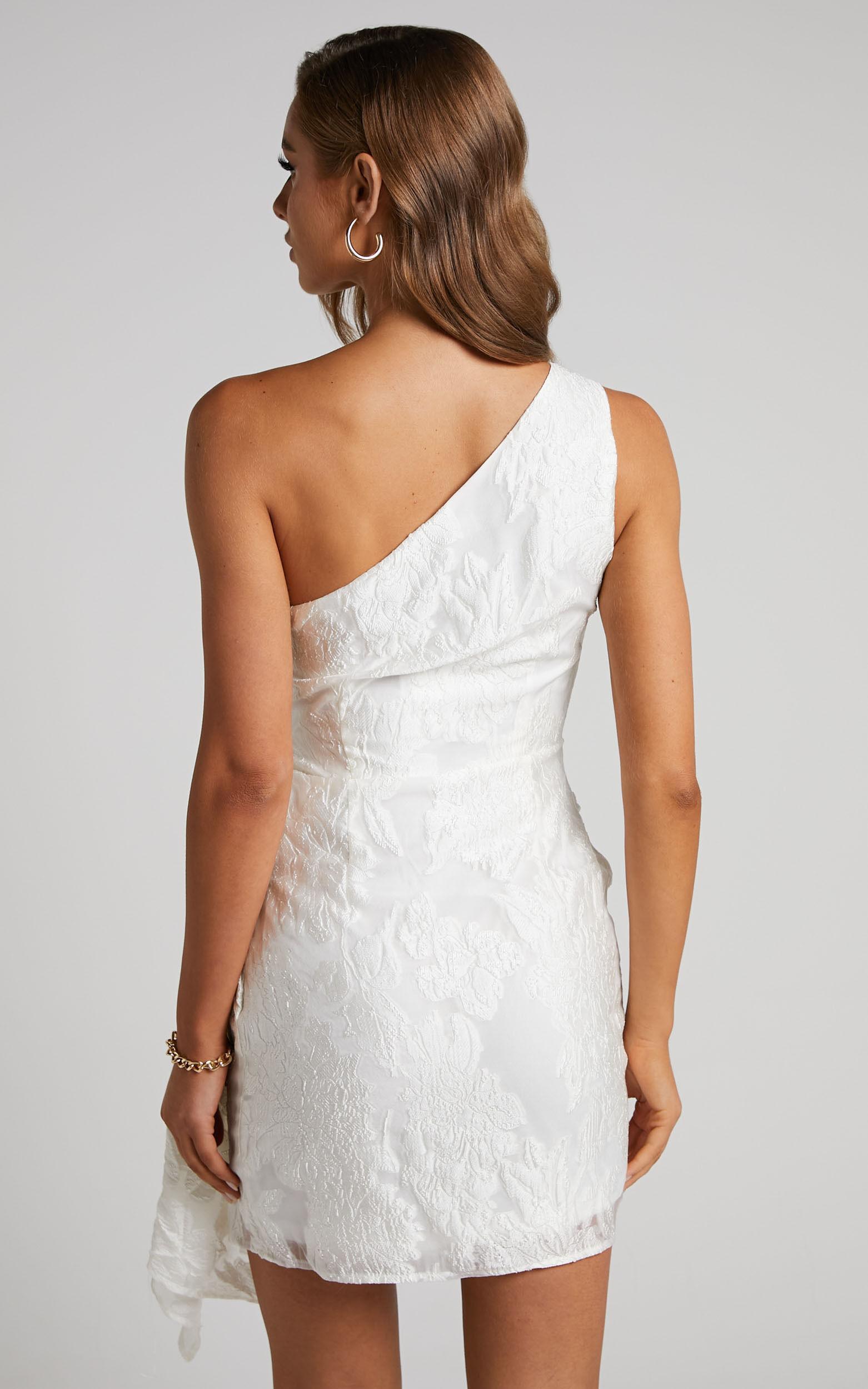 Brailey Mini Dress - One Shoulder Wrap Front Dress in White Jacquard Product Image