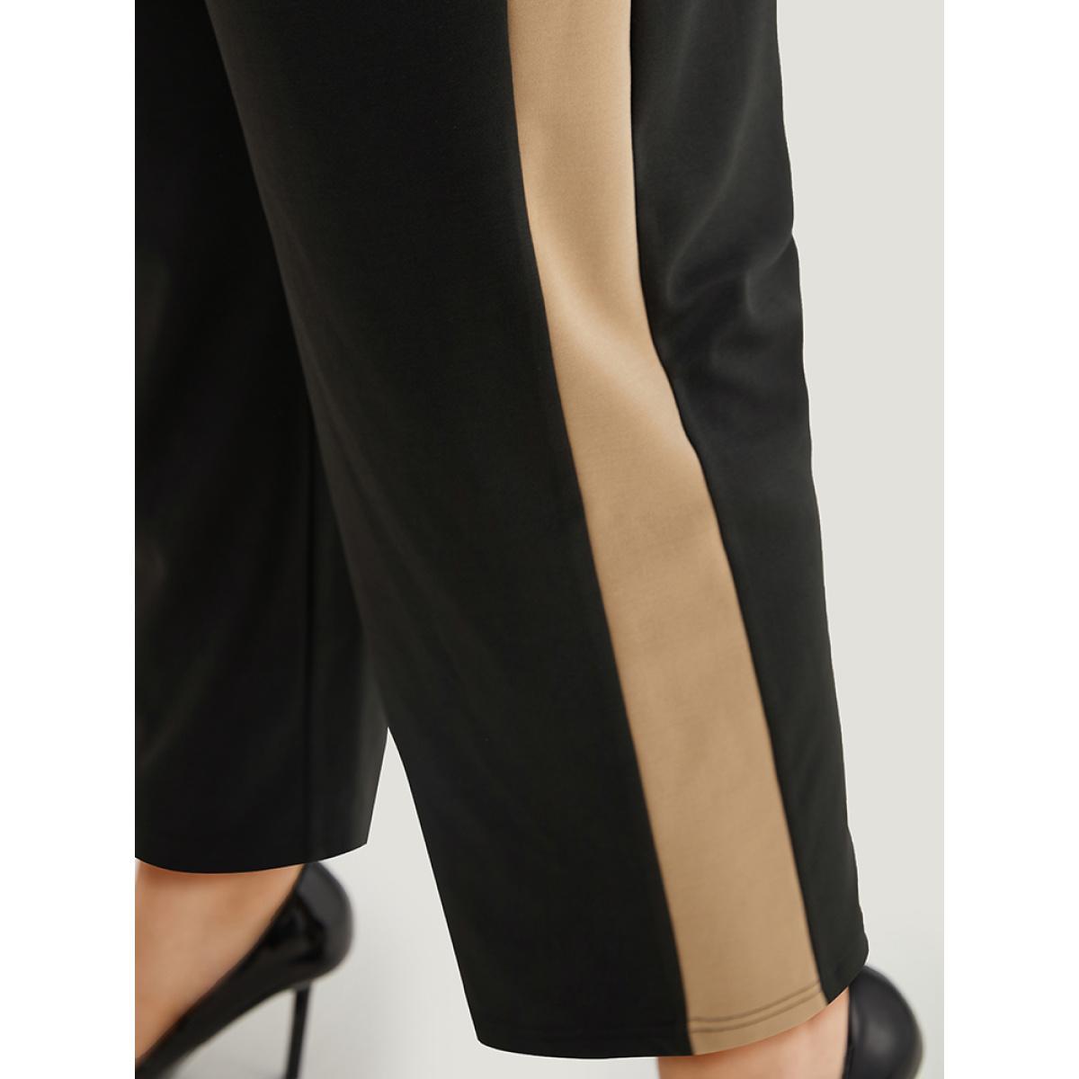 Plus Size Two Tone Elastic Waist Pocket Pants Women Black Office High Rise Work Pants BloomChic 28/5X Product Image