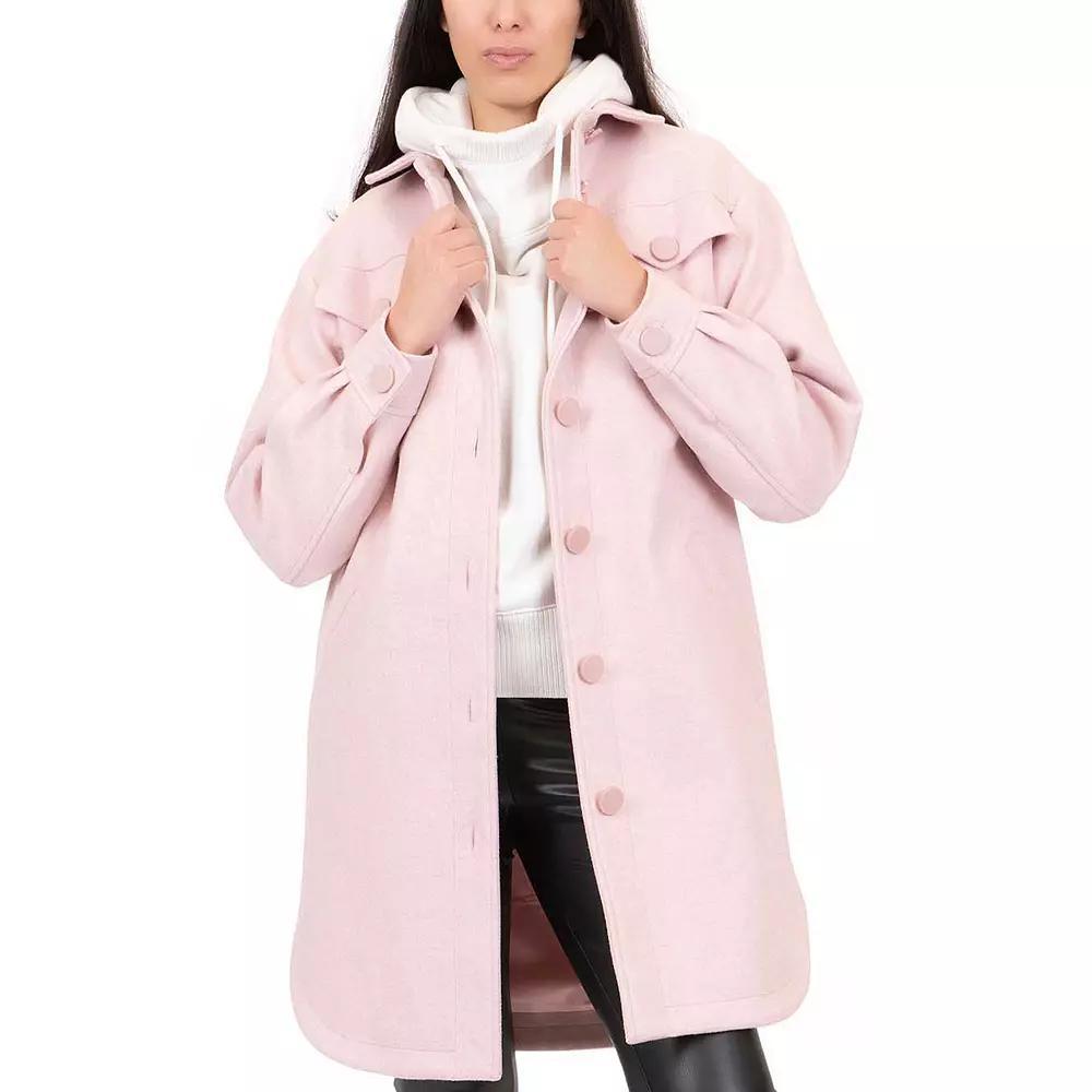 Junior's Coffee Shop Oversized Faux Wool Shacket, Women's, Size: Medium, Light Pink Grey Product Image