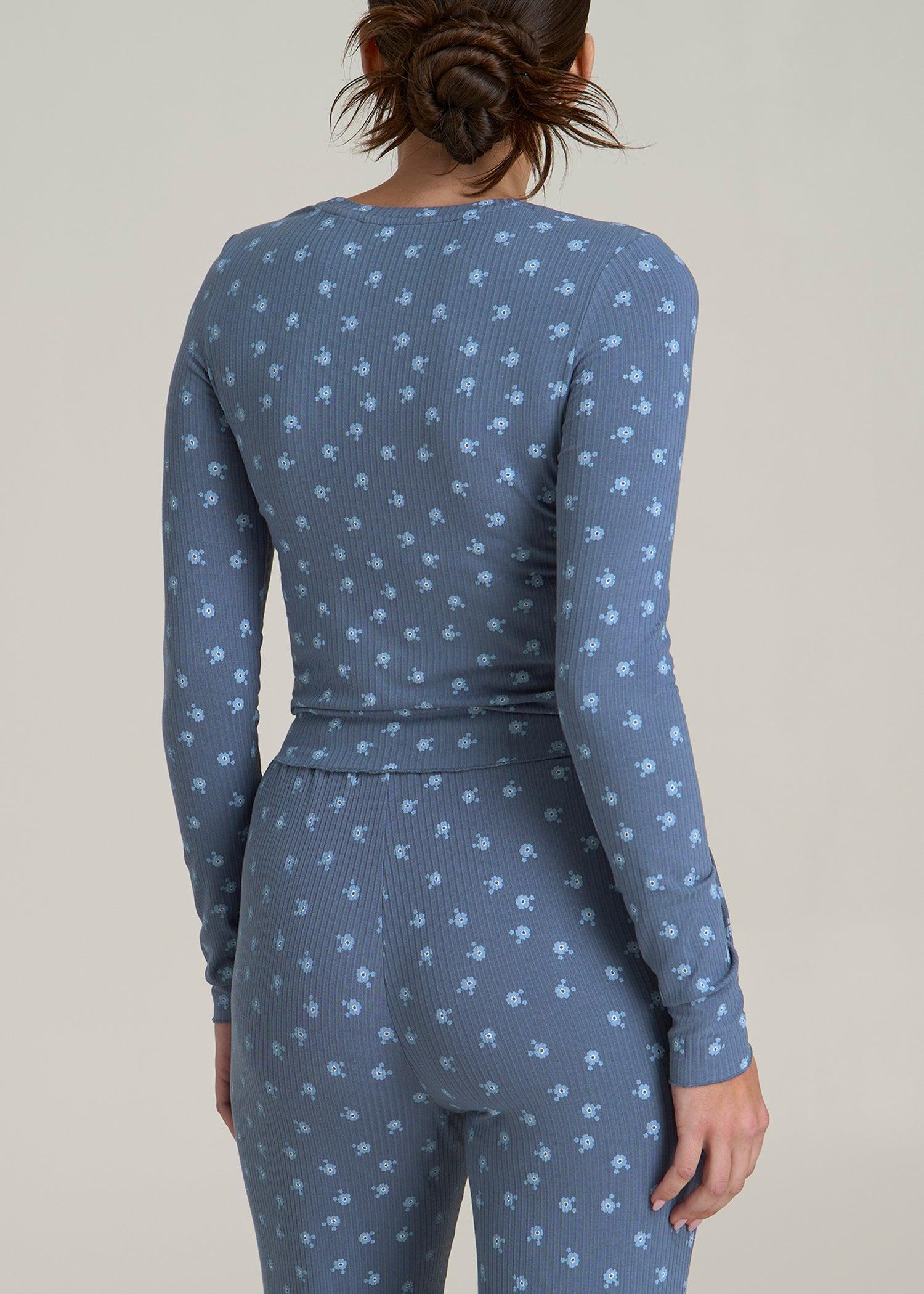 Lightweight Ribbed Cropped Lounge Shirt for Tall Women in Vintage Indigo Floral Product Image
