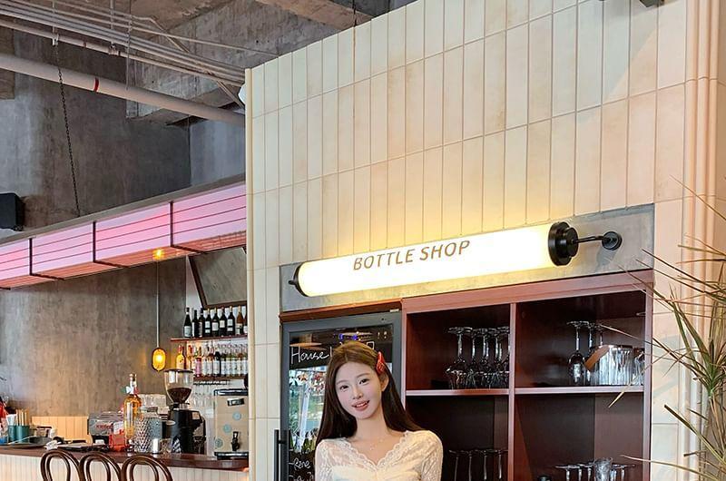 Long-Sleeve V-Neck Lace Crop Top Product Image
