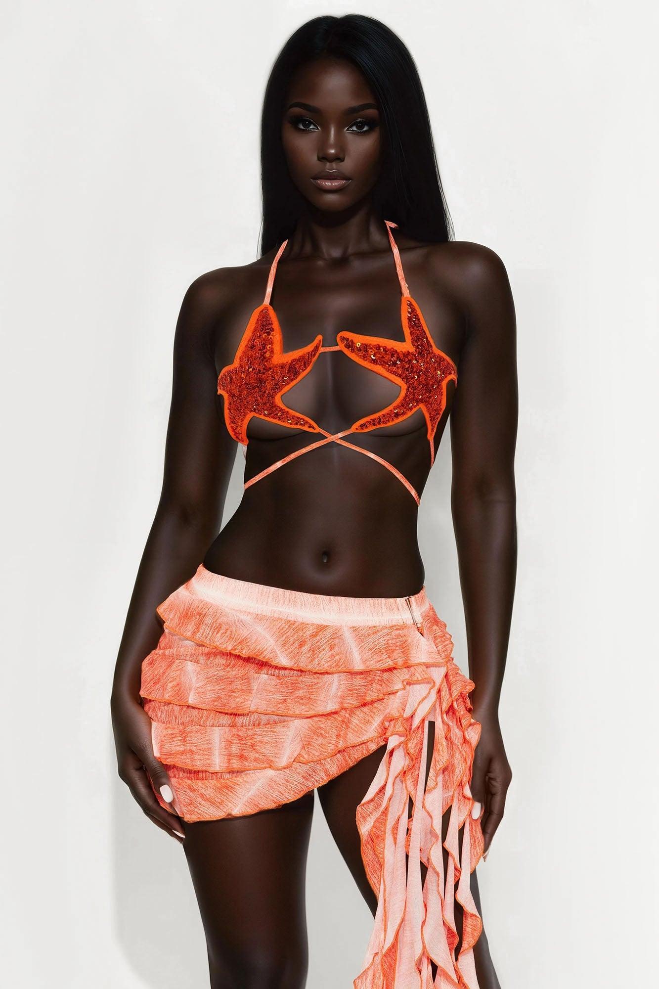Miami Nights Mesh Mini Skirt Set - Orange Product Image