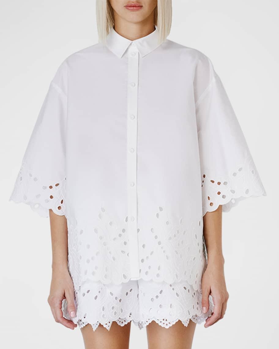 Eyelet Embroidered Short-Sleeve Oversized Collared Shirt Product Image