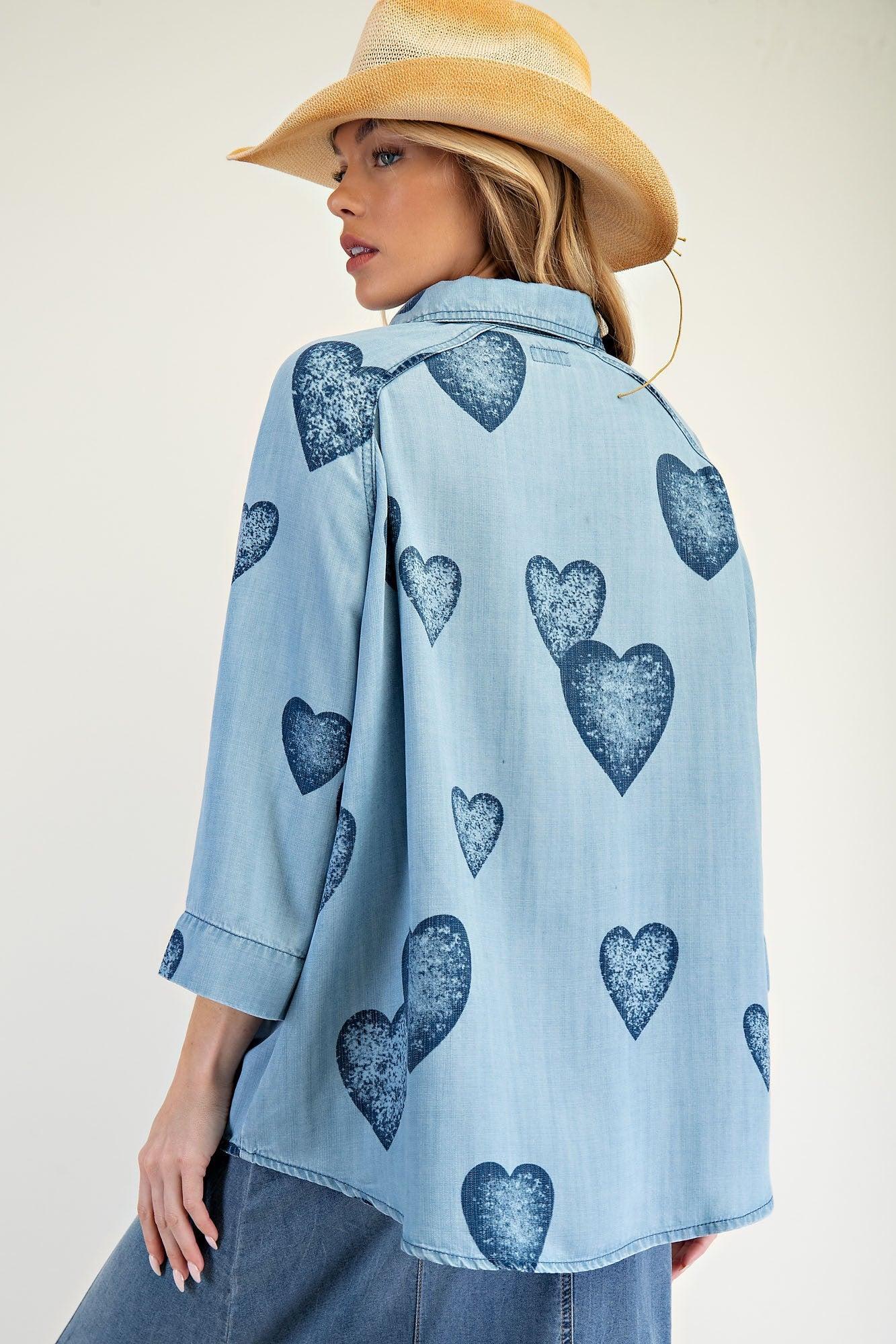 Heart Print Washed Denim Shirt Product Image