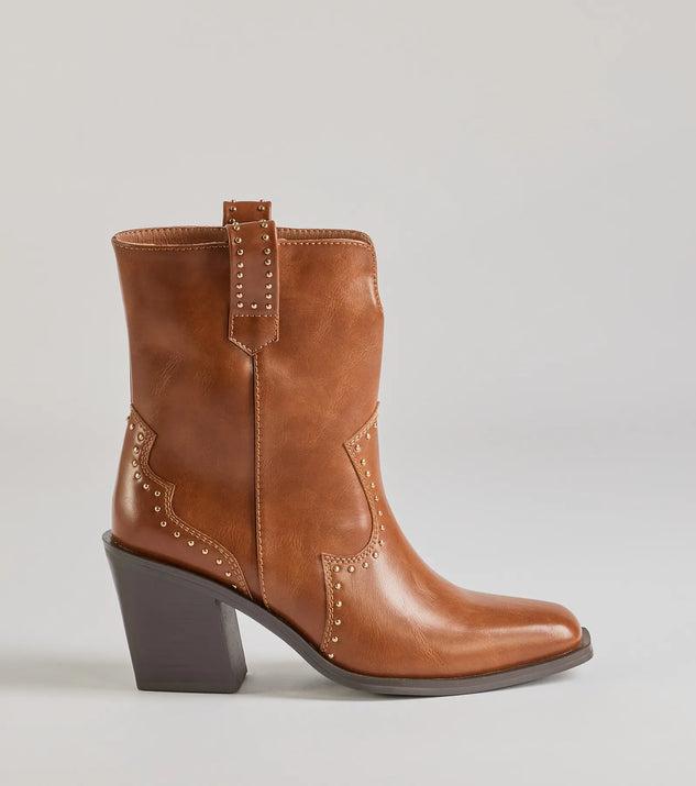 Chic Western Studded Faux Leather Booties Product Image