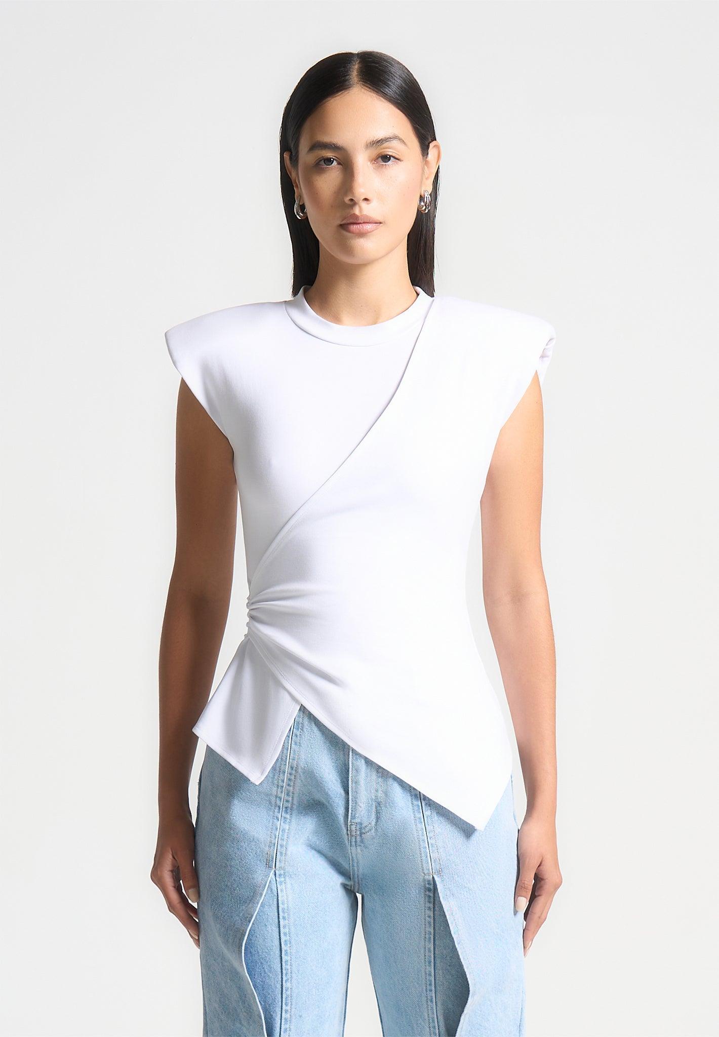 Wide Shoulder Ruched Waist Top - White Female Product Image