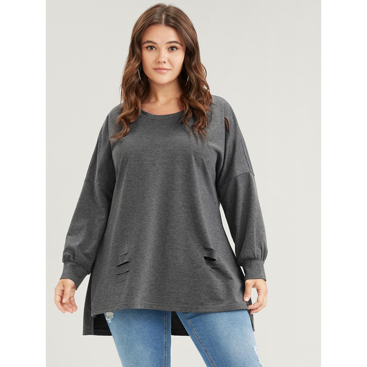 Plus Size Solid Asymmetrical Hem Distressed Drop Shoulder Sweatshirt Women DimGray Casual Plain Round Neck Dailywear Sweatshirts BloomChic 28/5X Product Image