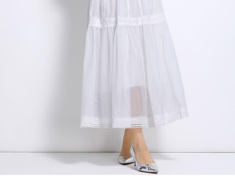 Cinched Sleeve Stand Collar Plain Panel Mesh Maxi A-Line Dress Product Image