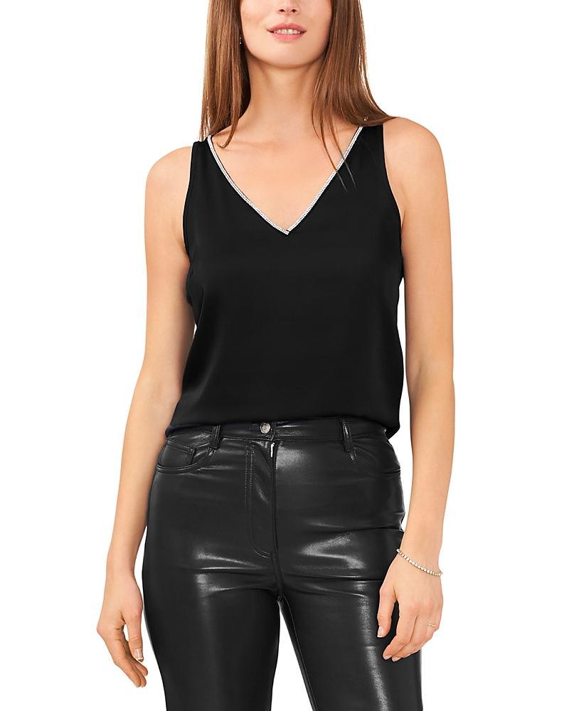 Vince Camuto V-Neck Sleeveless Rhinestone Trim Satin Tank Top Product Image