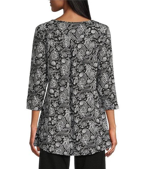 Intro Knit Jersey Ebony Black Paisley 3/4 Sleeve Pleated Neck Tee Product Image