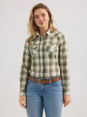 Women's Essential Long Sleeve Plaid Western Snap Top in Peachy Product Image