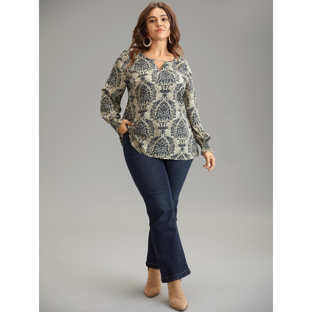 Plus Size Multicolor Bandana Print Keyhole Shirred Lantern Sleeve Blouse Women Vacation Long Sleeve Keyhole Cut-Out Vacation Blouses BloomChic 26/4X Product Image