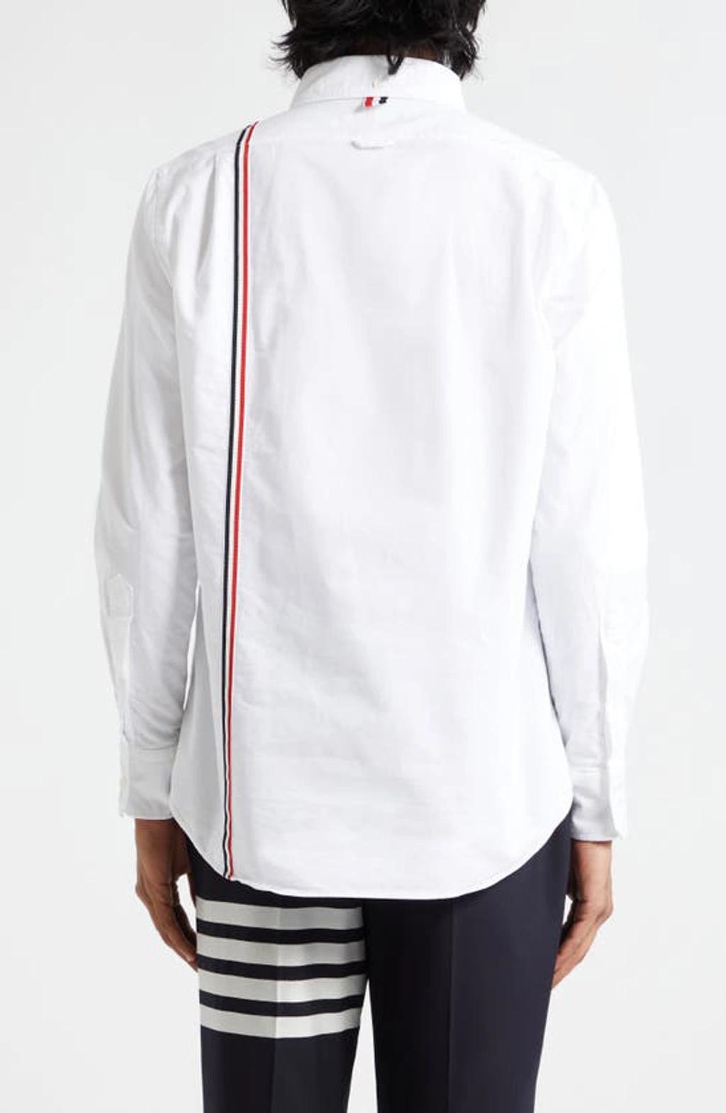THOM BROWNE Long-sleeved Poplin Shirt With Signature Stripes In White Product Image