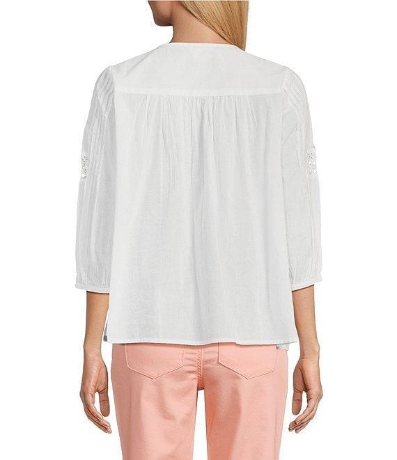Intro Cotton Voile Crew Neck 3/4 Sleeve Lace Trim Peasant Blouse Product Image