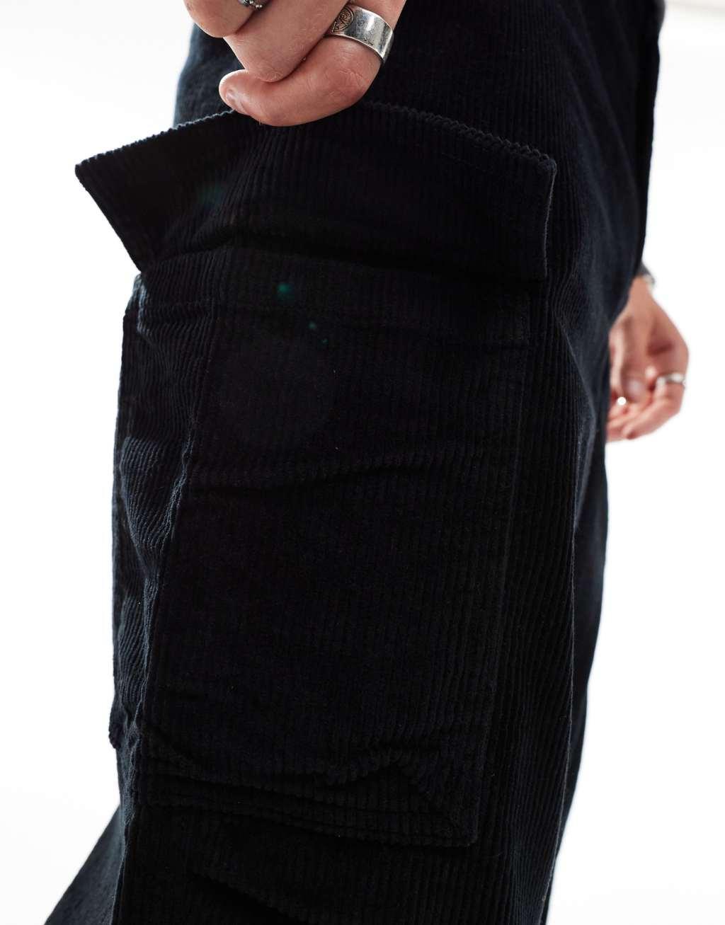 ASOS DESIGN baggy corduroy cargo pants in black Product Image