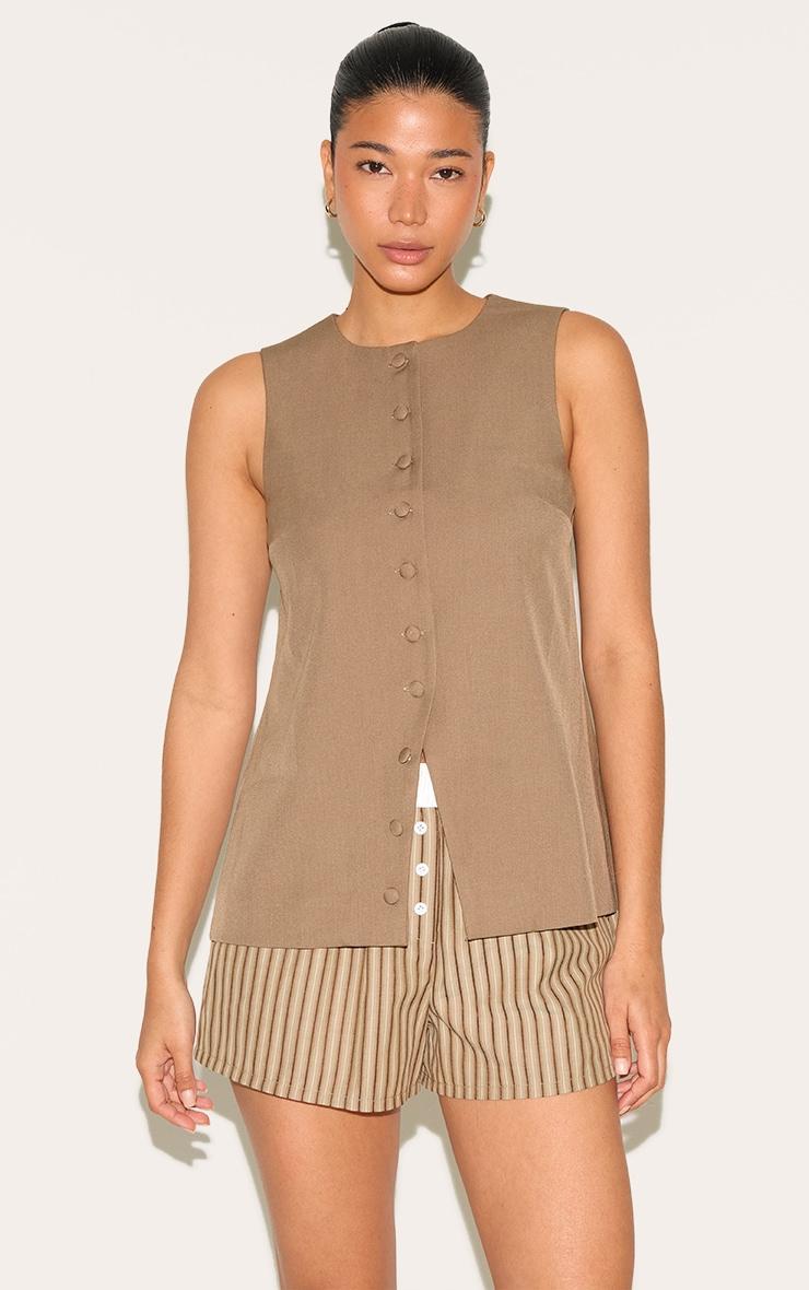 Mushroom Woven Button Down Longline Vest Product Image