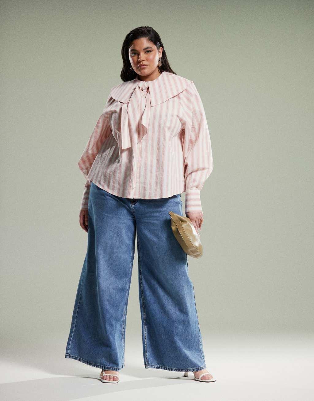 ASOS DESIGN Curve shirt with large collar and tie detail in pink stripe Product Image