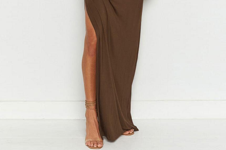 Long Sleeve Crew Neck Plain Slit Bodycon Maxi Dress Product Image