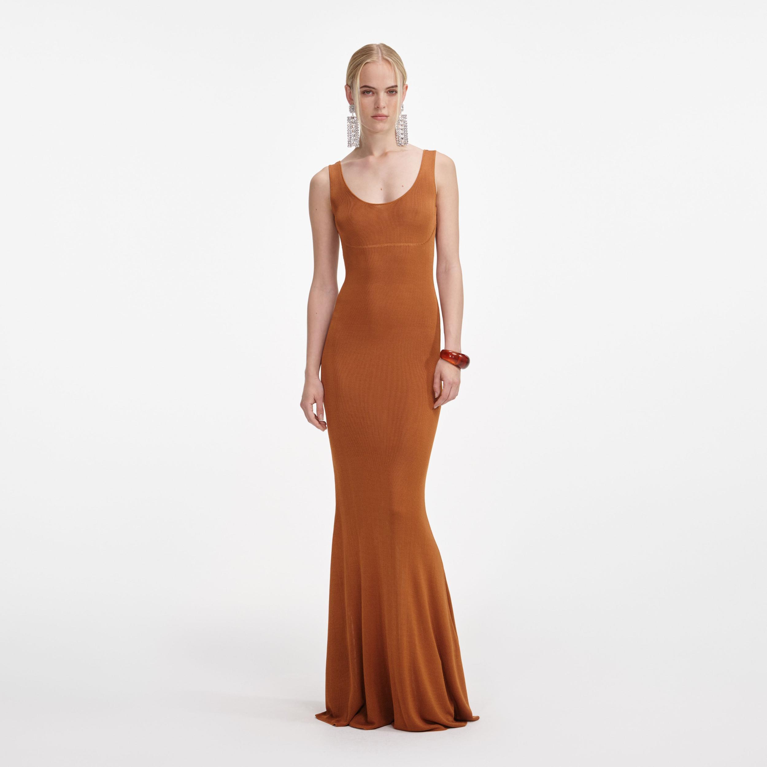 Brown Scoop Neck Viscose Knit Maxi Dress Product Image