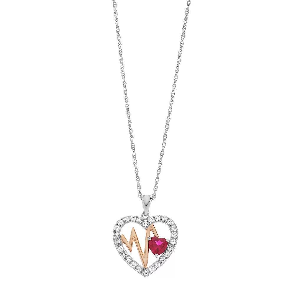 Two Tone Sterling Silver Lab-Created Ruby & Lab-Created Sapphire Heartbeat Heart Pendant, Women's, Size: 18" Product Image