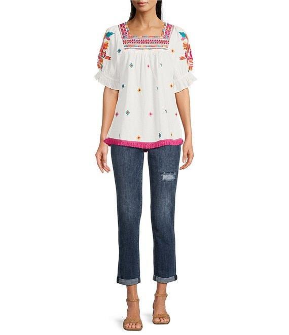 Calessa Embroidered Square Neck Short Puff Sleeve Tassel Hem Detail Tunic Product Image