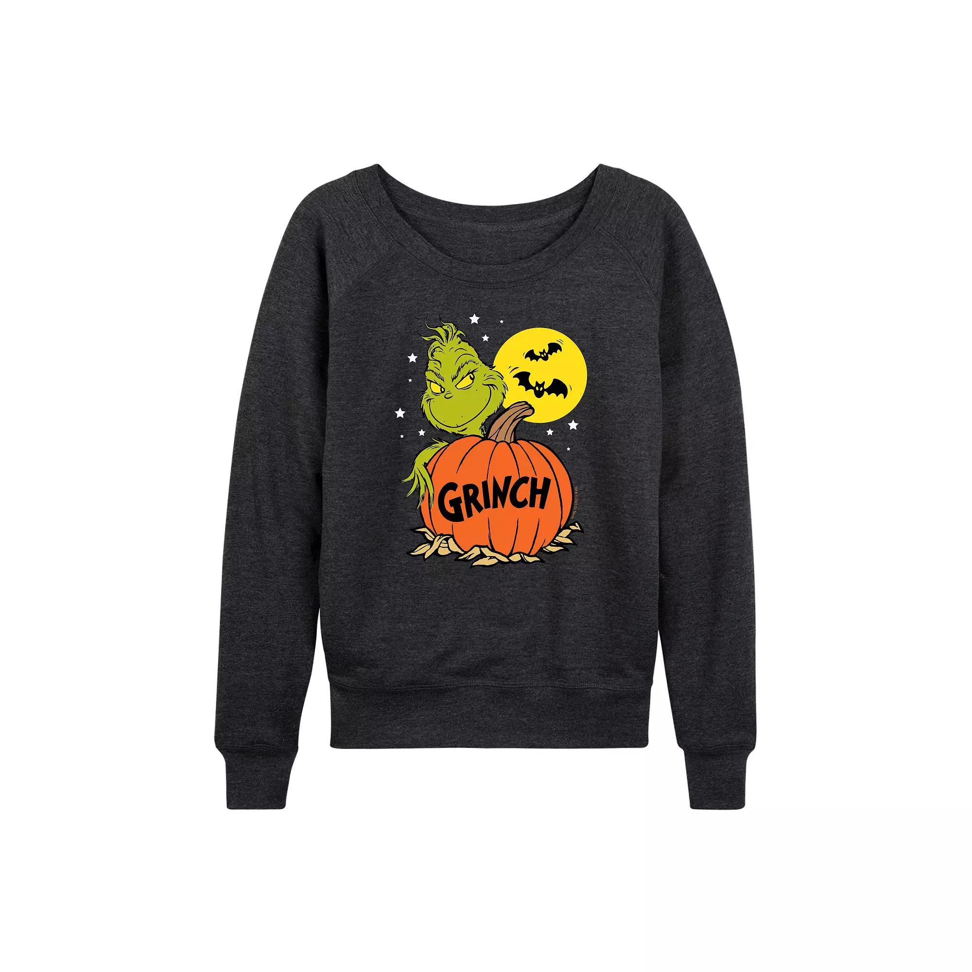 Womens Dr. Seuss Grinch Halloween Pumpkin French Terry Long Sleeve Tee Grey Indigo Product Image