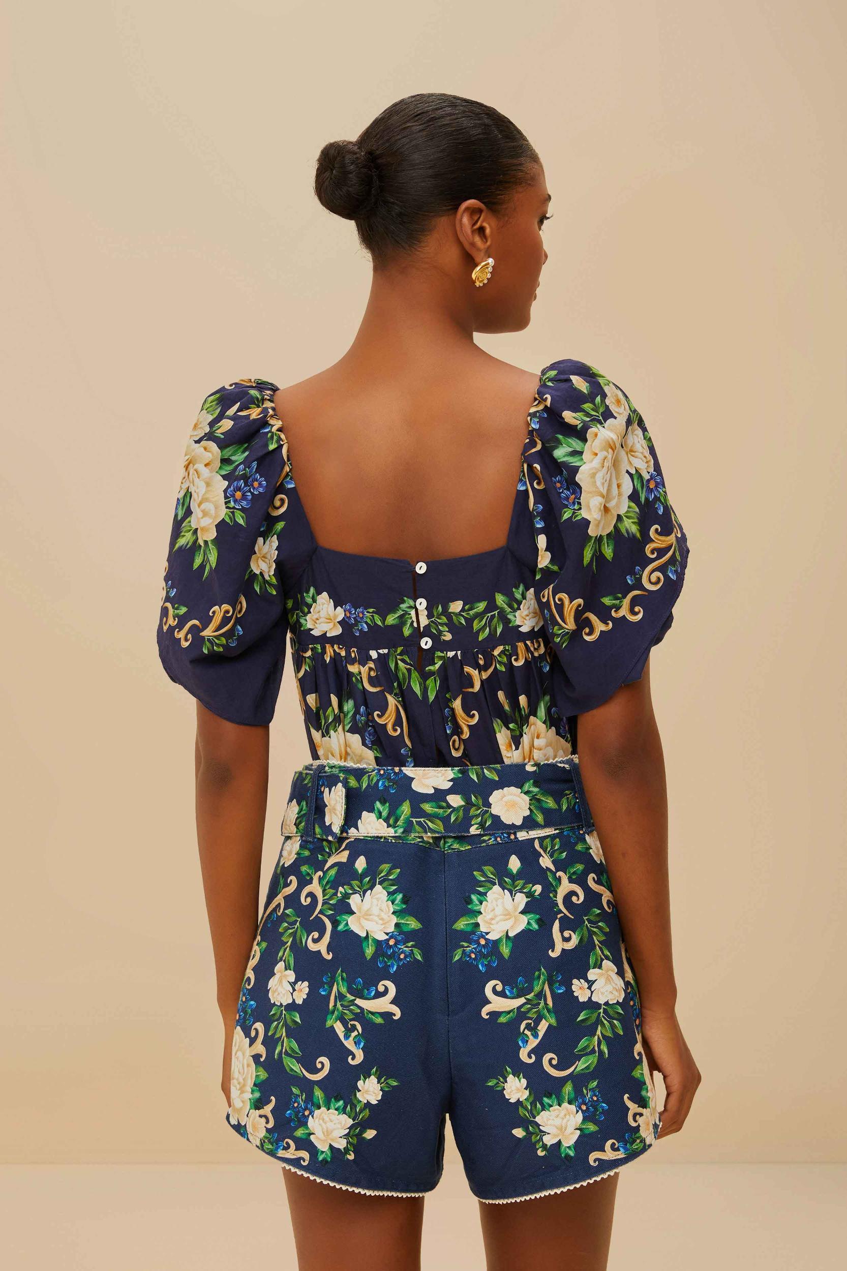Navy Blue Flower Tapestry Shorts Product Image