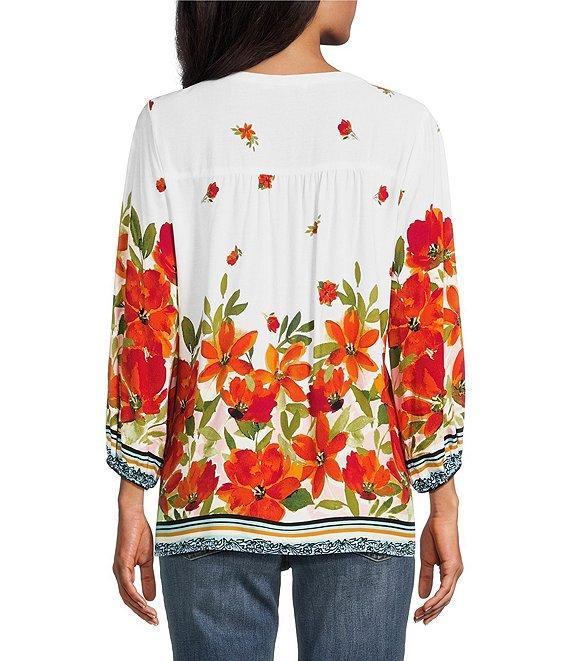 Figueroa & Flower Woven Floral Border Print Mandarin Collar 3/4 Sleeve Button Front Blouse Product Image