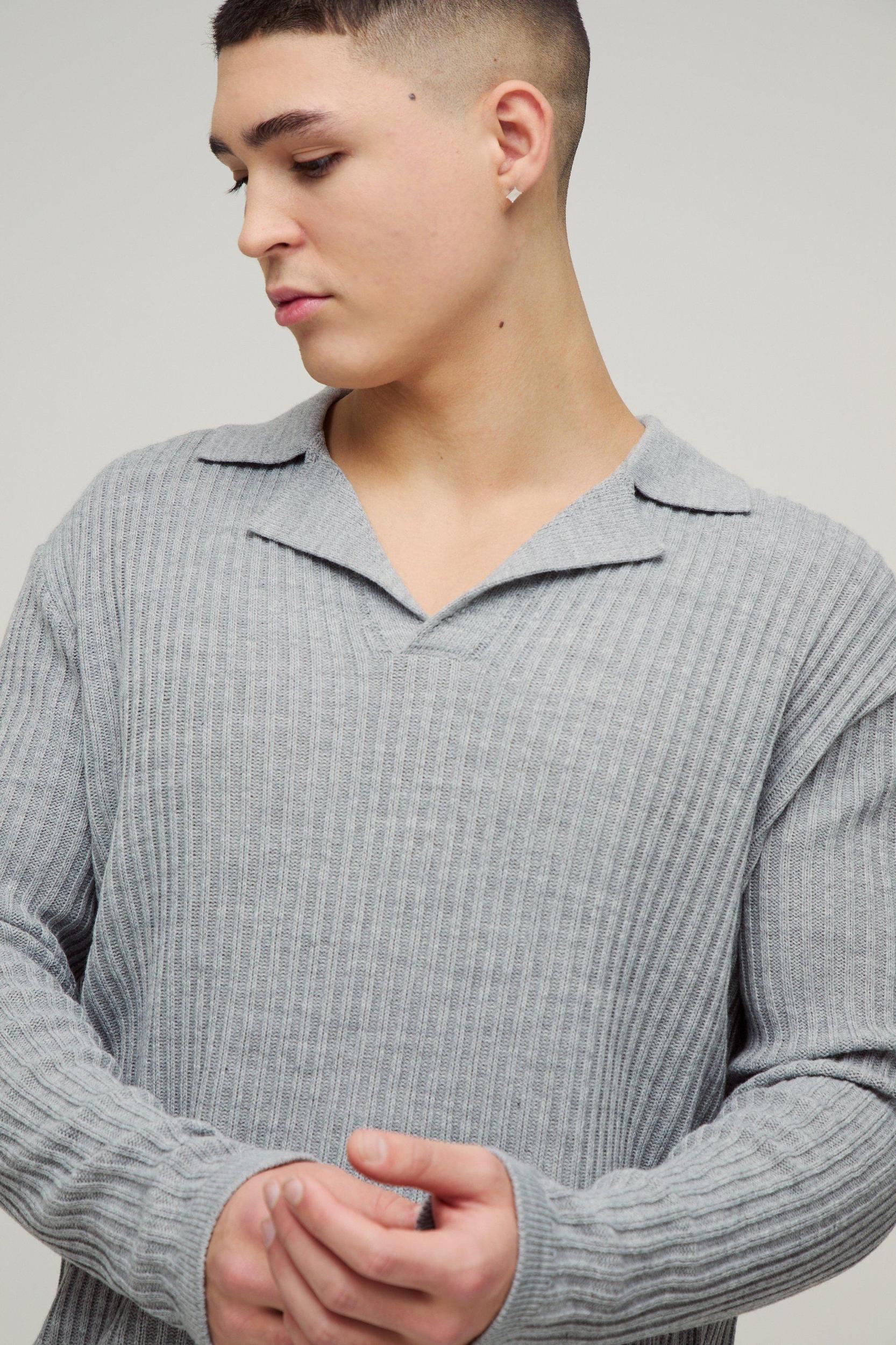 Oversized Ribbed Revere Knitted Polo | boohooMAN USA Product Image