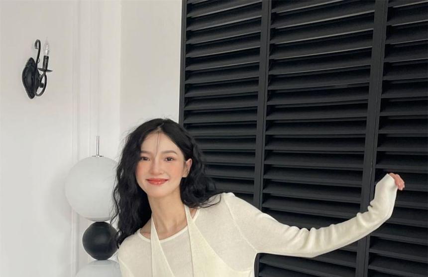 Mock Two-Piece Long-Sleeve Halter Plain Button Ribbed Knit Top Product Image