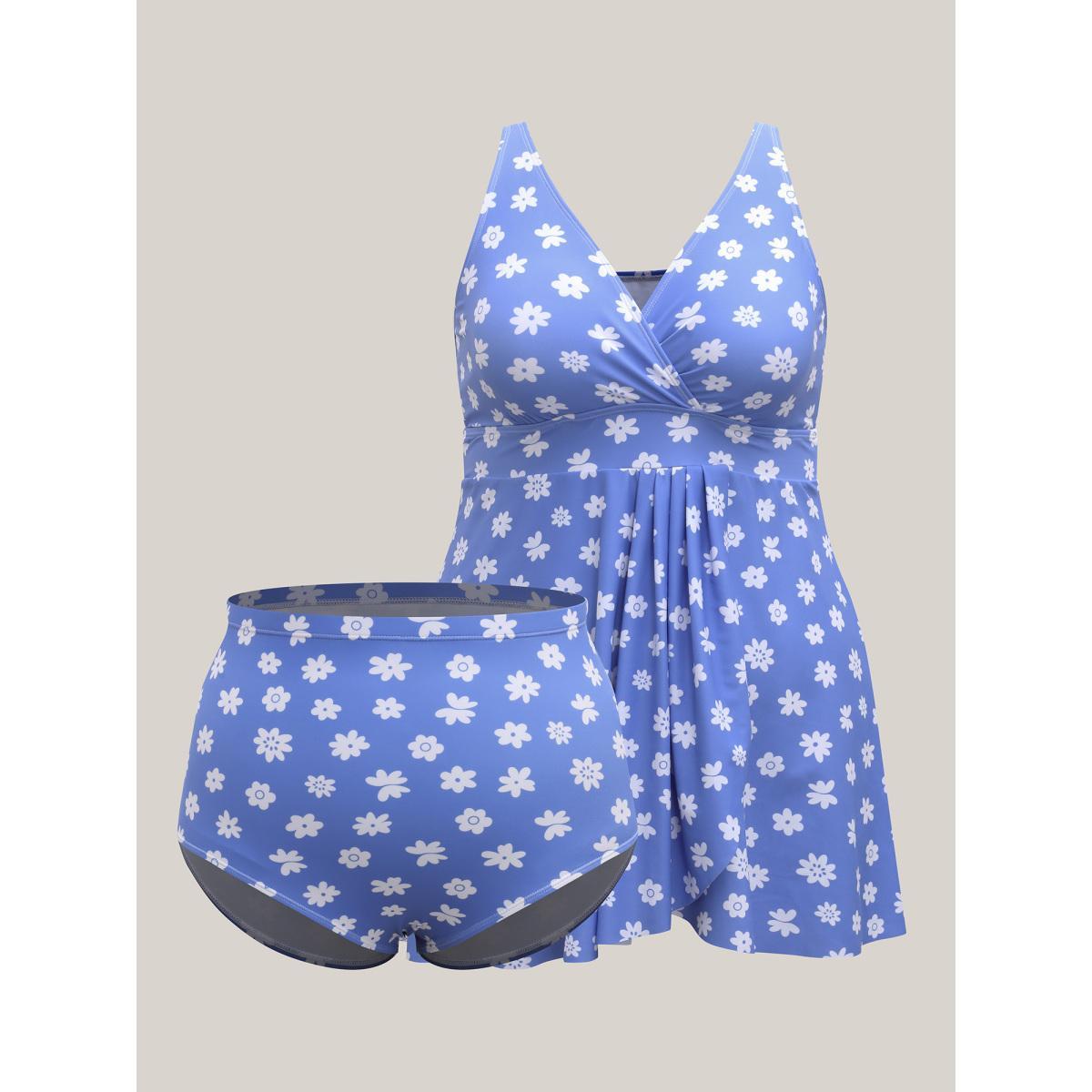Plus Size Sweet Floral Print Pendulum Hem Swim Dress Women's Swimwear LightBlue Beach Bodycon Overlap Collar High stretch Curve Swim Dresses BloomChic 28/5X Product Image