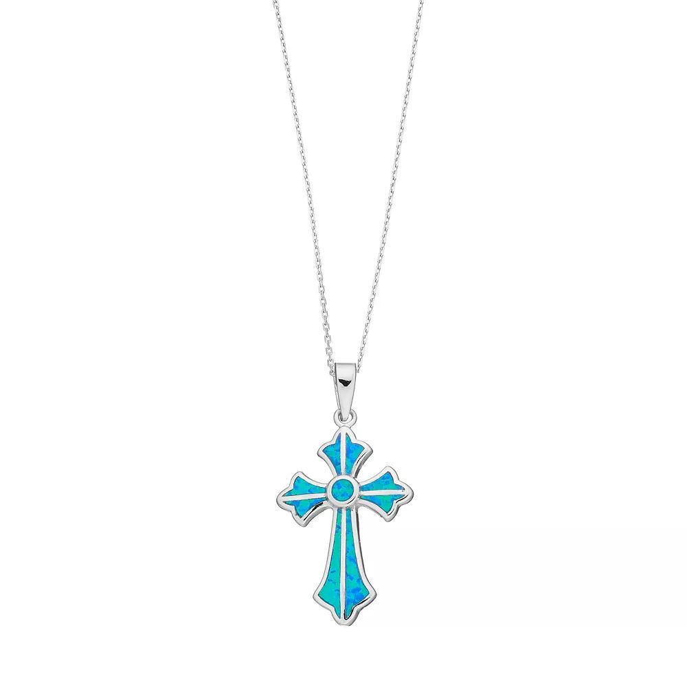 Sterling Silver Lab-Created Blue Opal Cross Pendant, Women's, Size: 18" Product Image