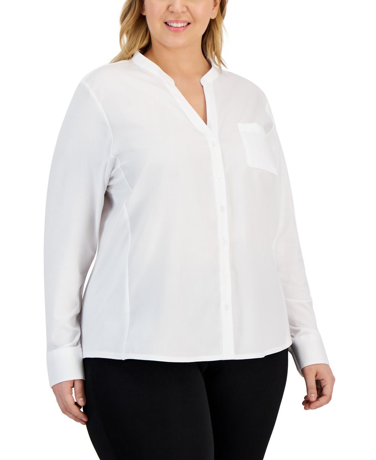 Calvin Klein Plus Size Mixed Media Long Sleeve Split Round Neck Button Front Top Product Image